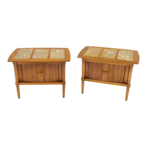 Tomlinson Tambour Door Fossil Marble Top Side End Night Stands Tables - A Pair