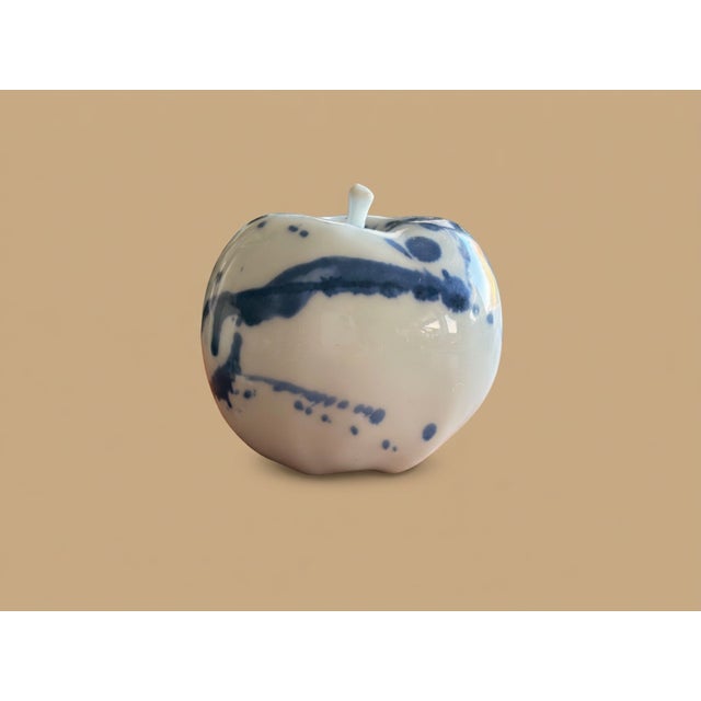 2010s Porcelain Apple Sculpture Blue + White Jingdezhen Studio Pottery "Ping Peace & Harmony" With Internal Rattle Signed For Sale - Image 5 of 9