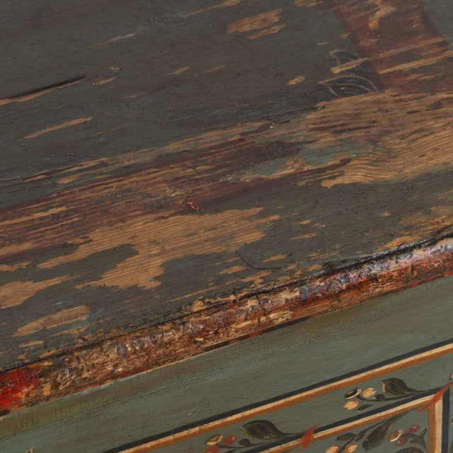 Wood 1836 Hungarian Original Hand-Painted Teal Flat Top Pine Trunk For Sale - Image 7 of 18