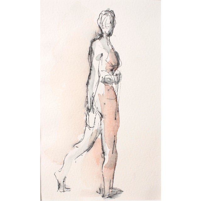 Original ink and watercolor figure drawing signed by contemporary artist Michelle Arnold Paine. The delicate black and...