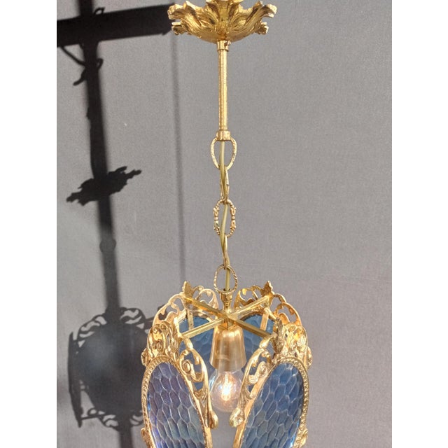 1960s Ceiling Light Vintage French Brass Blue Glass Chandelier For Sale - Image 13 of 14