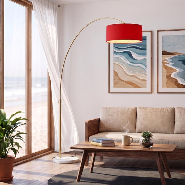 Nova 1960s Nova of California Adjustable Floor Lamp - 92" Mid Century Modern Arc Lamp, Weathered Brass Body, Crimson Red Linen Shade, White Marble Base For Sale - Image 4 of 4