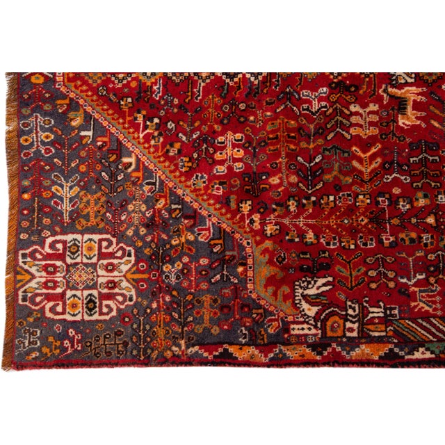 1960s Vintage Persian Shiraz Handmade Red Medallion Wool Rug For Sale - Image 4 of 7