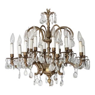 Antique Early 20th Century Spanish Brass and Crystal 8 Arm 16 Lights Chandelier For Sale