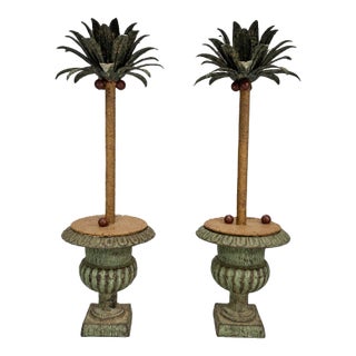 Pair of Mid-Century Painted Iron & Tole Palm Tree Candlesticks For Sale