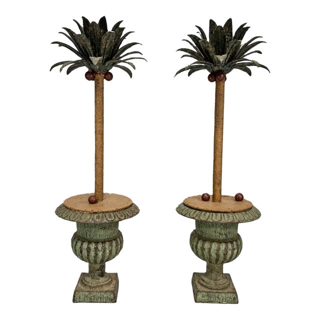 Pair of Mid-Century Painted Iron & Tole Palm Tree Candlesticks For Sale