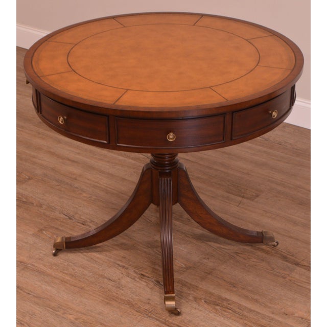 Ethan Allen Mahogany Leather Top Round Bradford Rent Drum Table Chairish