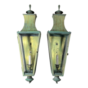 Exceptional Pair of Vintage Solid Brass Wall Lanterns - Patinated Verdigris