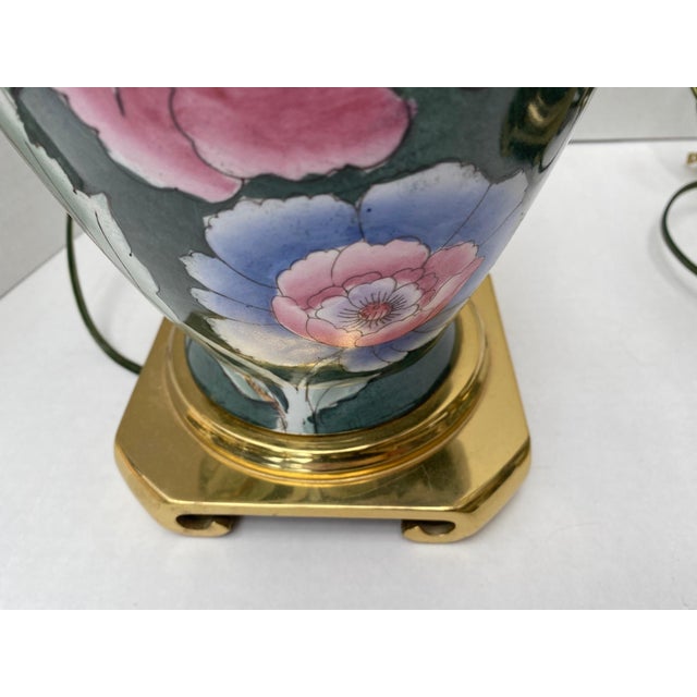 Metal Vintage Chinoiserie Green Ceramic Floral Table Lamps With Brass Bases a Pair For Sale - Image 7 of 18