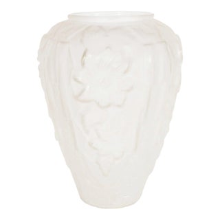 Art Deco Relief Frosted Glass Vase with Cubist Floral and Geometric Design For Sale