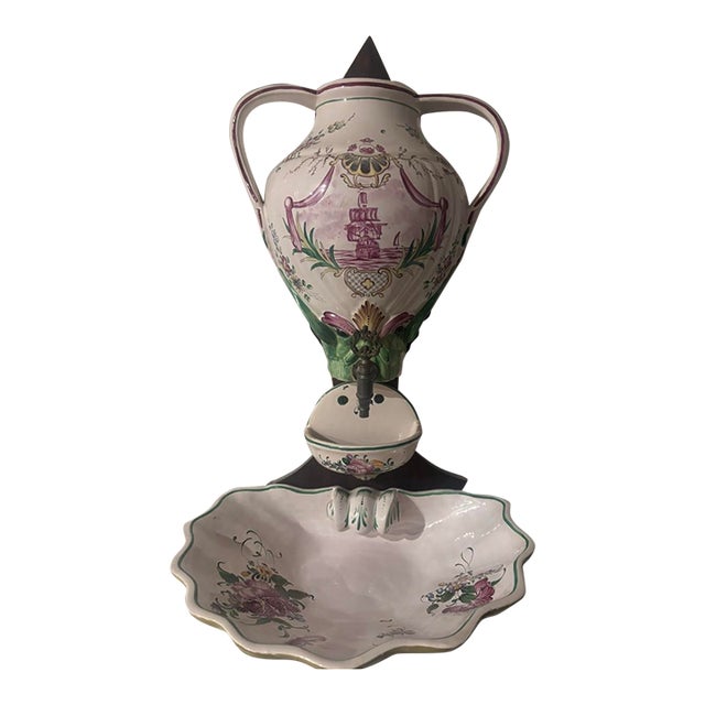 Lavabo Faience Mid 20th Century French Wall Fountain Nautical Style For Sale