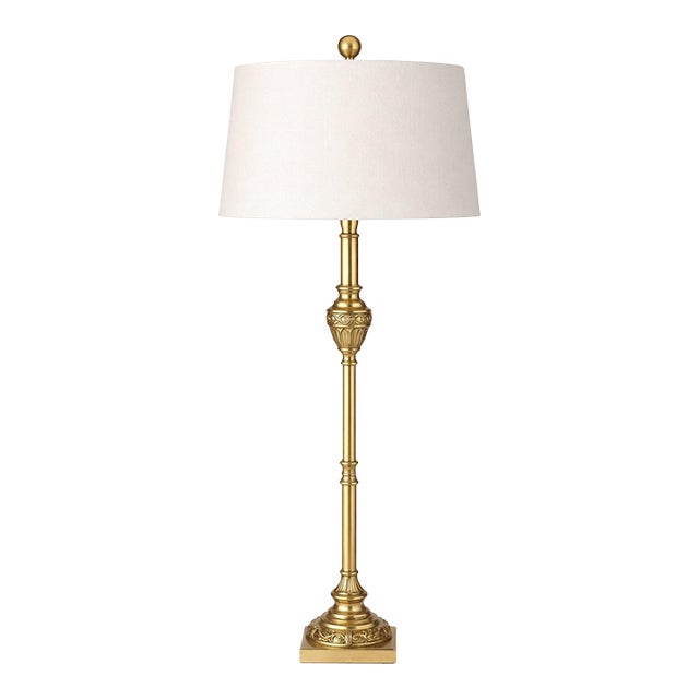 Late 20th Century Sunlit Brass Table Lamp With Linen Drum Shade – Tall Transitional Classic Column Form, 34” H For Sale