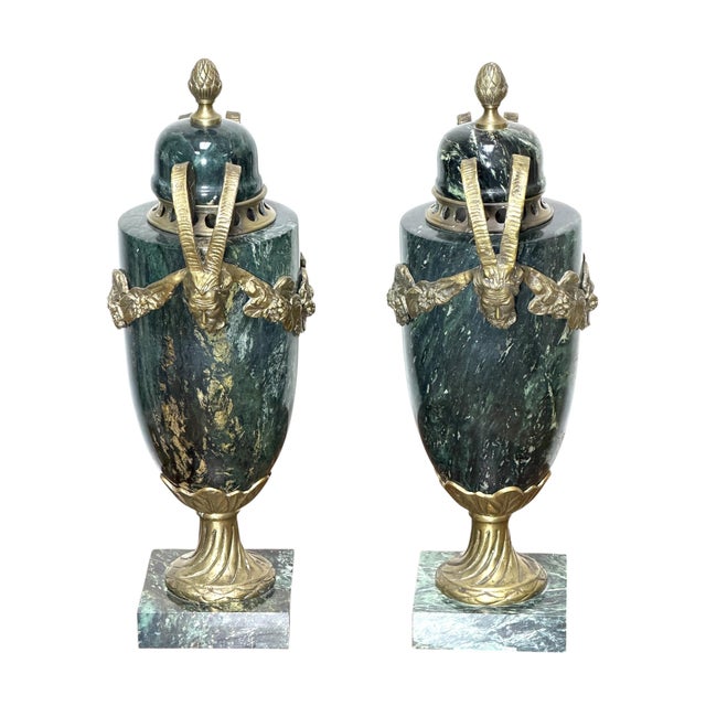 French Pair of Green Marble and Ormolu Urns or Cassolettes With Satyr Heads in Louis XVI Style For Sale - Image 3 of 15