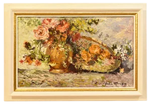 Rose Floral Painting, Oil on Wood, Early 20th Century