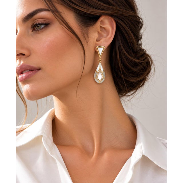18k Yellow Gold 0.50 Ct Natural Diamond and Mother of Pearl Omega Back Earrings, Pair For Sale - Image 14 of 14