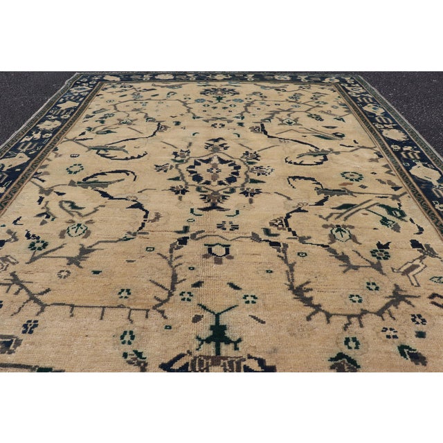 Vintage Turkish Oushak Rug With Vining Florals in Cream and Sapphire Blue For Sale - Image 4 of 15