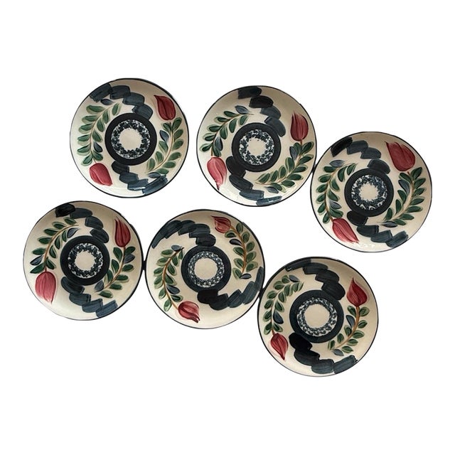 Set of 6 Hand Painted Studio Pottery Plates Signed P Silkotch 1993 Mississippi Folk Art 6.5 Inch Dessert Plates For Sale