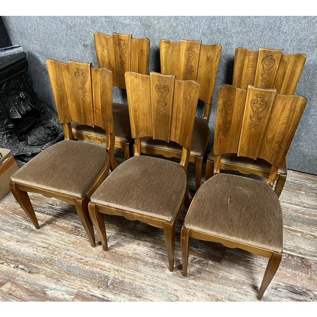 Vintage Art Deco Walnut Chairs with Fan-Shaped Backs, 1930, Set of 6 For Sale - Image 3 of 7