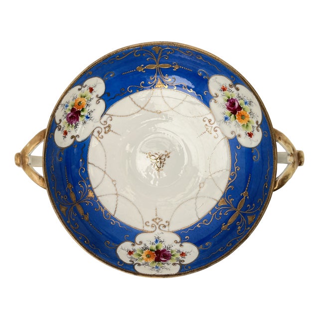 Porcelain Compote in Cobalt Blue and Hand-Painted Flowers For Sale