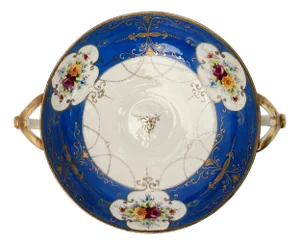 Porcelain Compote in Cobalt Blue and Hand-Painted Flowers