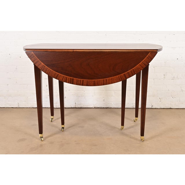 Baker Furniture Federal Banded Mahogany Drop Leaf Dining or Breakfast Table, Newly Refinished For Sale - Image 10 of 13