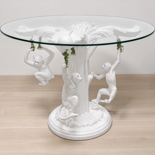 Hollywood Regency Hollywood Regency White Lacquered Carved Wood Center Table W/ 3 Italian Terracotta Monkeys For Sale - Image 3 of 7
