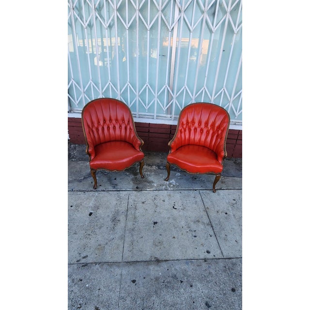 American Pair of Vintage Red Tufted Armchairs For Sale - Image 3 of 7