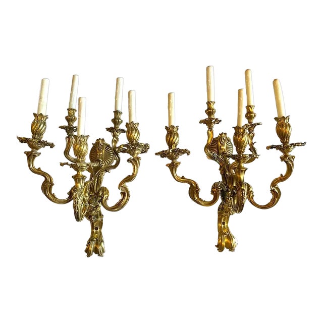 Pair 19th Century French Rococo Revival Gilt Bronze Five-Light Wall Sconces For Sale