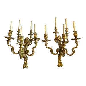 Pair 19th Century French Rococo Revival Gilt Bronze Five-Light Wall Sconces