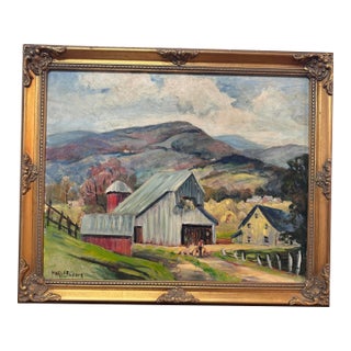 Vintage Mid-Century American Farmhouse Barn Landscape Oil Painting, Signed Mary P. Bender, Gilt Frame For Sale