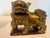 Matching original pair male and female foo dogs. Hand-carved solid wood with original gold leaf gilding over a reddish-...