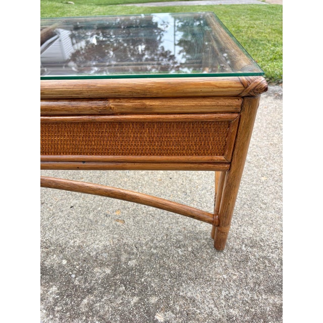 Brown 1990s Vintage Coastal Bamboo Wicker Coffee Table With Glass Top, After McGuire For Sale - Image 8 of 11