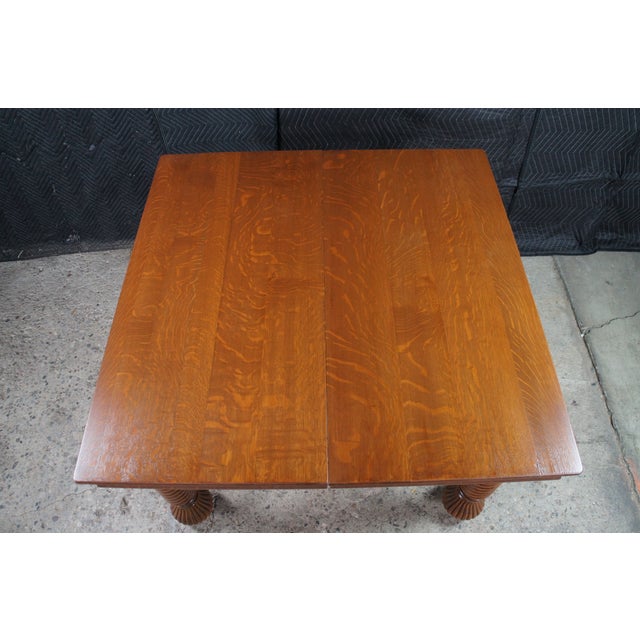 Antique American Arts & Crafts Quartersawn Oak Barley Twist Dining Table Extends For Sale - Image 11 of 18