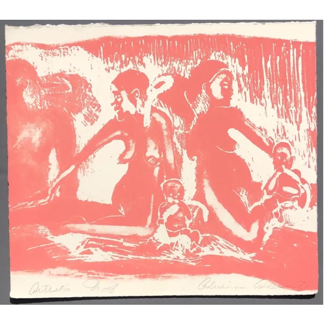 "It's Much too Hot!" pink Mother and Child lithograph by Atlanta artist Adrienne Anderson (1949-2020). Anderson earned her...