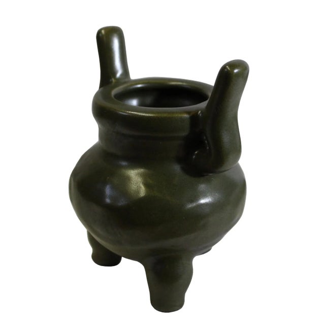 Chinese Chinese Handmade Dark Olive Army Green Ceramic Accent Ding Holder For Sale - Image 3 of 7
