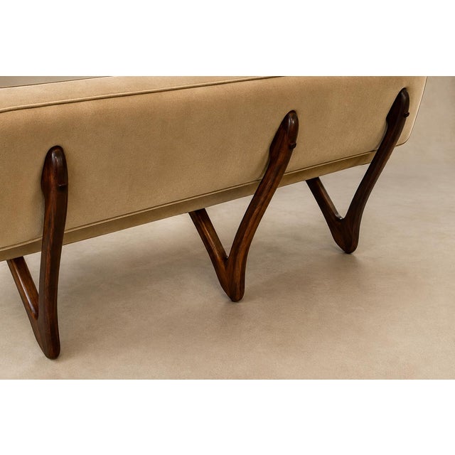 Brazilian Modern Sofa in Imbuia Wood and Champagne Camel Mohair, Cimo, Brazil, 1950s For Sale - Image 14 of 18