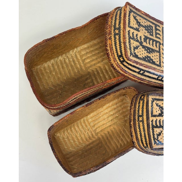 Vintage Nesting Woven Reed Lidded Basket Boxes For Sale - Image 9 of 9