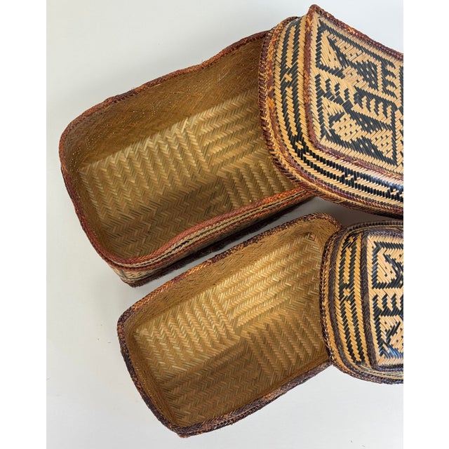 Vintage Stacking Woven Reed Lidded Basket Boxes For Sale - Image 9 of 9