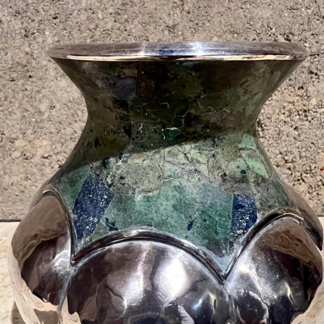 1960s Los Castillo Silver Turquoise Vase Taxco Mosaico Azteca For Sale In San Diego - Image 6 of 7