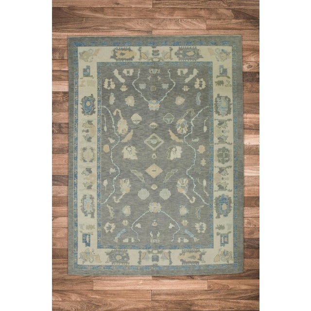 Textile Early 21st Century Gray Floral Design Handwoven Wool Turkish Oushak Rug 6'1" X 8'4" For Sale - Image 7 of 8