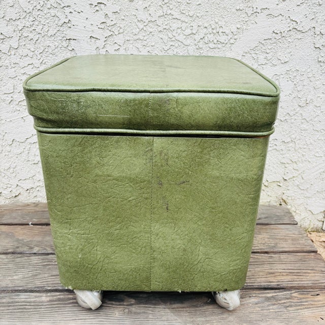 Mid 20th Century 1950s Mid Century Modern Green Vinyl Storage Ottoman Hassock With Casters For Sale - Image 5 of 18