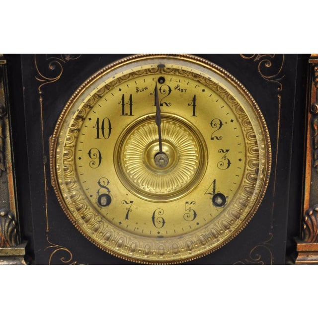 Ansonia Clock Company Antique Ansonia Black Mantel Clock With Bronze Coated Columns and Claw Feet For Sale - Image 4 of 14