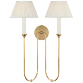 Amber Lewis for Visual Comfort Signature Ingela 24" Double Sconce in Hand-Rubbed Antique Brass with Silk Pleat Shades For Sale