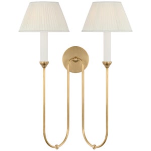 Amber Lewis for Visual Comfort Signature Ingela 24" Double Sconce in Hand-Rubbed Antique Brass with Silk Pleat Shades