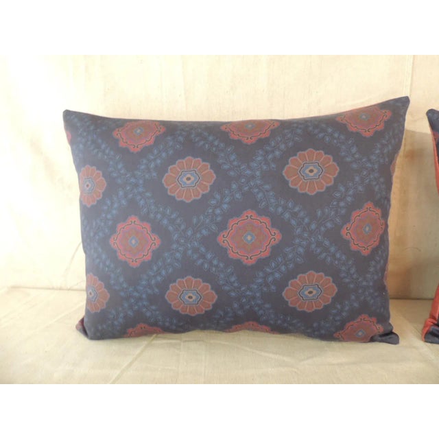 Modern Red and Blue Satin Cotton Modern Bolster Decorative Pillows From Portugal- A Pair For Sale - Image 3 of 8
