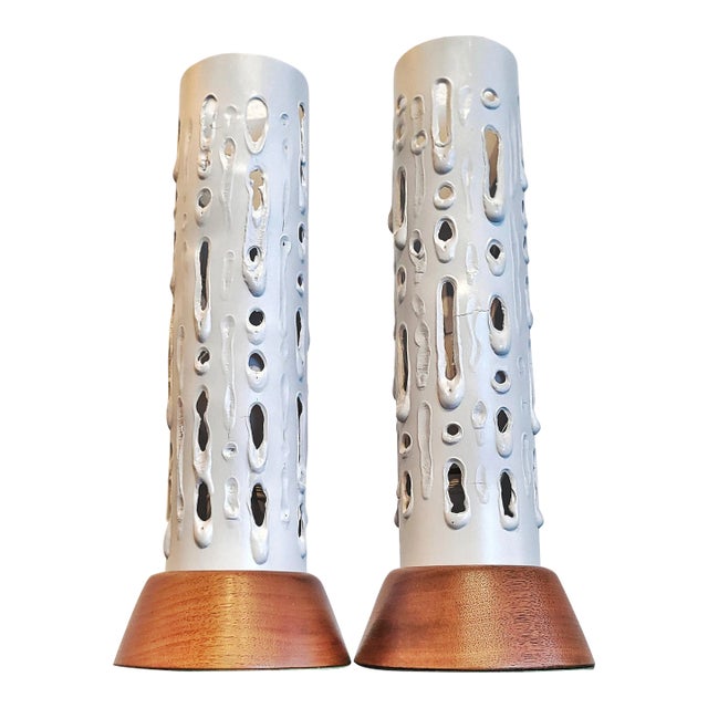 Tubular Torch-Cut Aluminum and Walnut Table Lamps For Sale