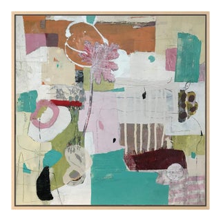 Christiane Corcelle "Droit Fil Sans Couture" Mixed Media on Board, Framed Abstract Collage Painting With Pink Flower, 2022 For Sale