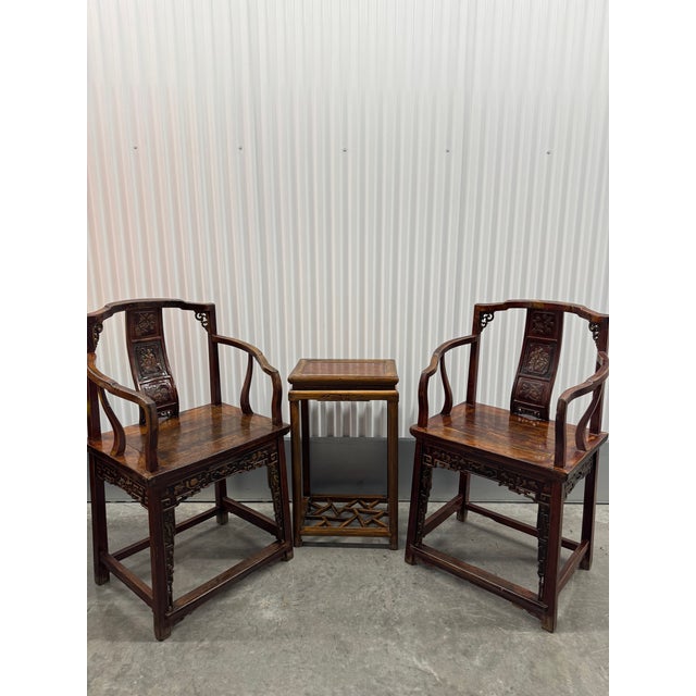Chestnut Traditional Chinese Horseshoe-Back Armchairs and Tea Table For Sale - Image 8 of 8