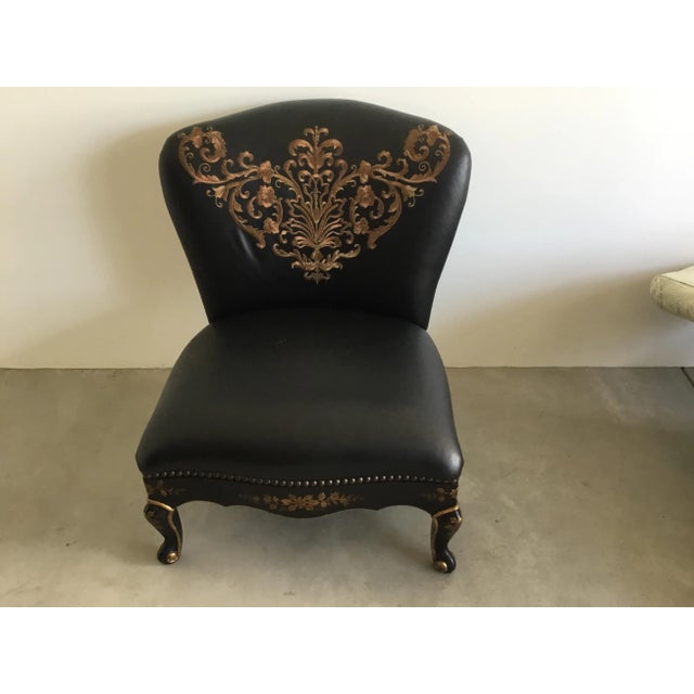 Florio Collection Black Leather Chair with Embroidery and Hand Painted Chinoiserie For Sale - Image 10 of 10