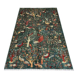 Green Afghan Pictorial Peacock & Bird Garden Hand-Knotted Wool Rug - 9'11" X 6'6" For Sale
